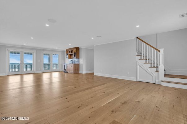 Empty room, Interior, Kitchen, Recessed Lighting, Wood Texture Flooring