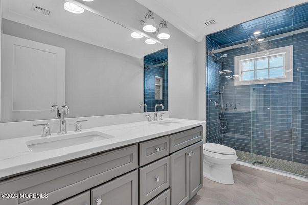 Bathroom, Dual Sink Vanities, Glass Shower, Interior, Recessed Lighting