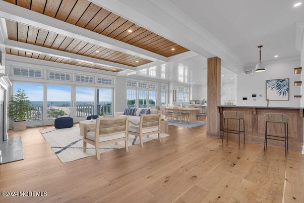 Dining room, Interior, Living room, Pendant Lights, Recessed Lighting, Wooden Ceilings, Wood Texture Flooring