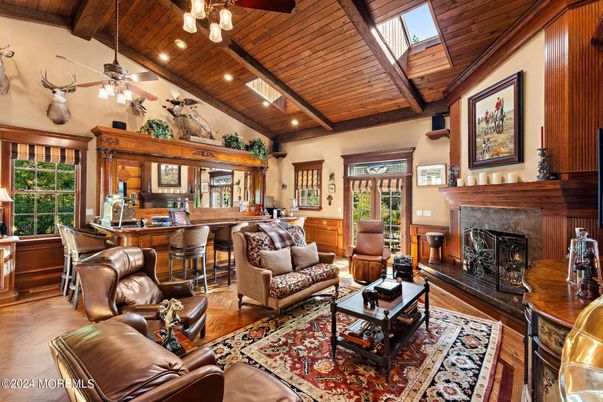 Fireplace, Interior, Living room, Recessed Lighting, Wooden Beams, Wooden Ceilings, Wood Texture Flooring