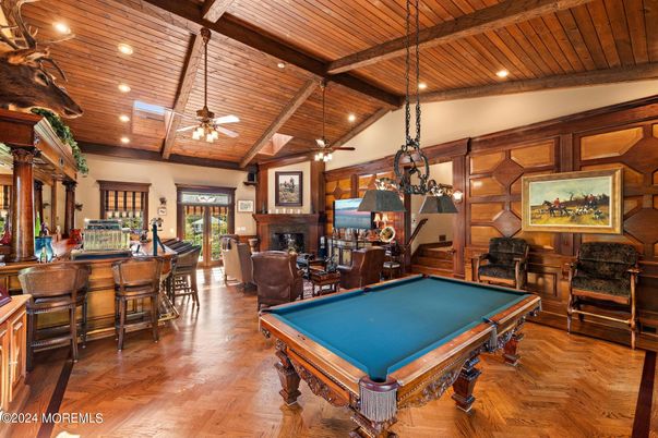 Billiard Table, Fireplace, Game Room, Interior, Pendant Lights, Recessed Lighting, Wooden Beams, Wooden Ceilings, Wood Texture Flooring