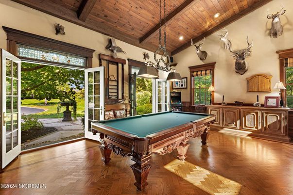 Billiard Table, Game Room, Interior, Pendant Lights, Recessed Lighting, Wooden Beams, Wooden Ceilings, Wood Texture Flooring