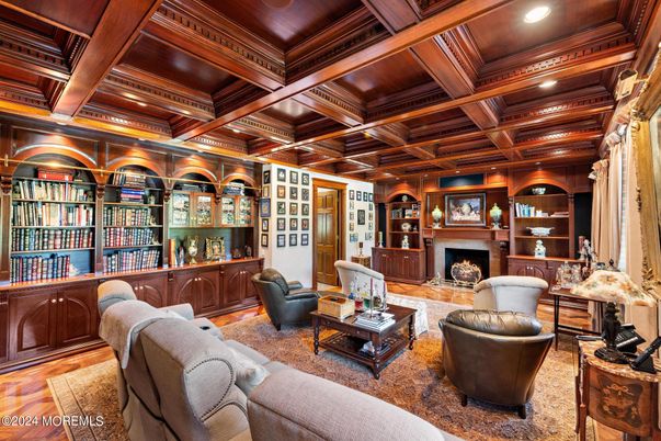 Fireplace, Interior, Living room, Recessed Lighting, Wooden Beams, Wooden Ceilings, Wood Texture Flooring
