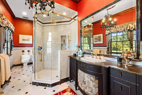 Bathroom, Chandelier, Glass Shower, Interior, Marble Walls, Recessed Lighting