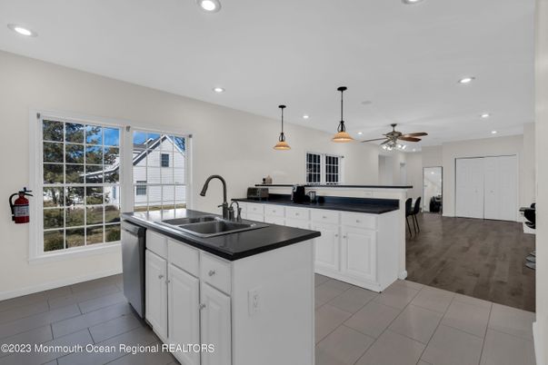 Interior, Kitchen, Pendant Lights, Recessed Lighting, Wood Texture Flooring