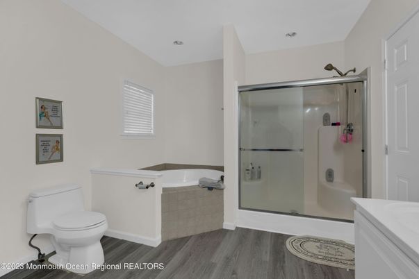 Bathroom, Glass Shower, Interior, Wood Texture Flooring
