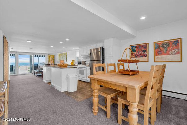 Dining room, Interior, Kitchen, Recessed Lighting, Stainless Steel Appliances, Wood Texture Flooring