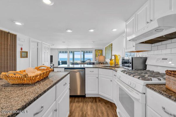 Interior, Kitchen, Recessed Lighting, Stainless Steel Appliances, Water, Wood Texture Flooring