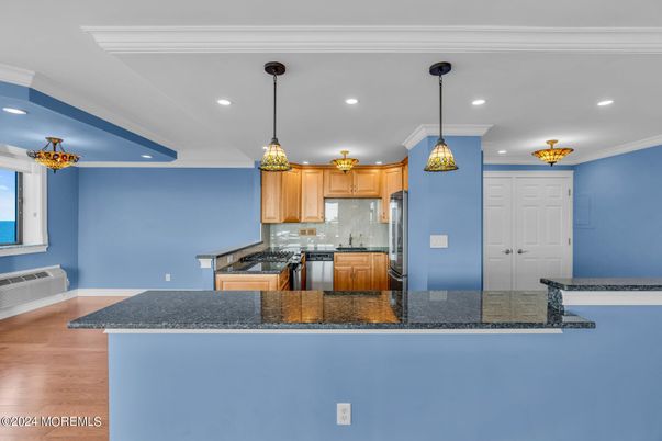 Interior, Kitchen, Pendant Lights, Recessed Lighting, Wood Texture Flooring