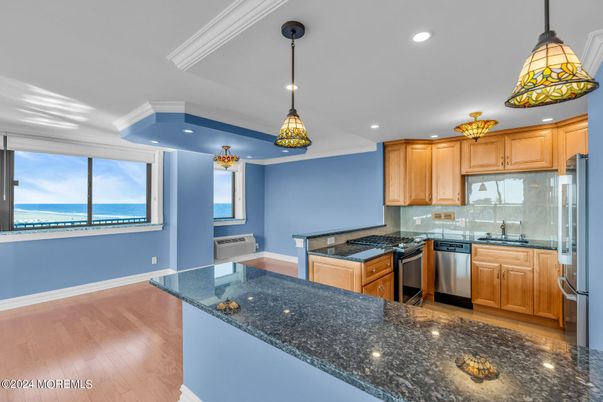 Interior, Kitchen, Pendant Lights, Recessed Lighting, Stainless Steel Appliances, Water, Wood Texture Flooring