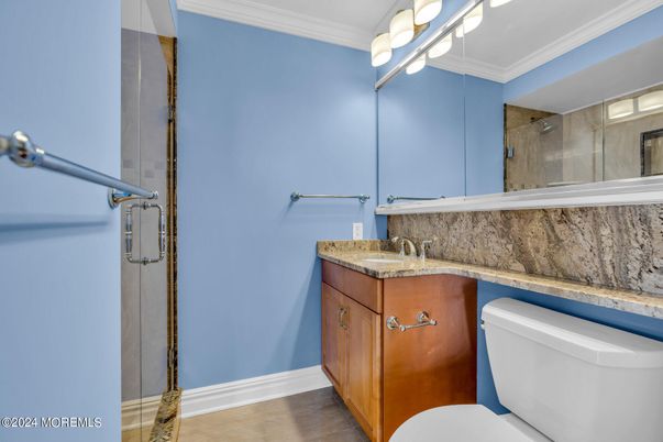 Bathroom, Glass Shower, Interior, Wood Texture Flooring