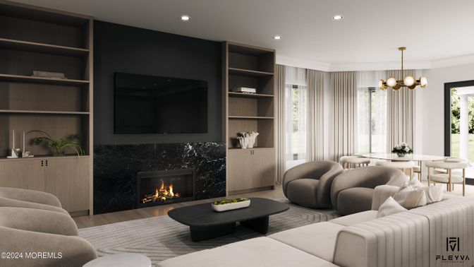 Fireplace, Interior, Living room, Pendant Lights, Recessed Lighting, Wood Texture Flooring