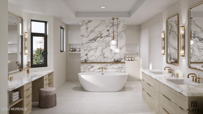 Bathroom, Dual Sink Vanities, Free Standing Baths, Interior, Marble Walls, Recessed Lighting