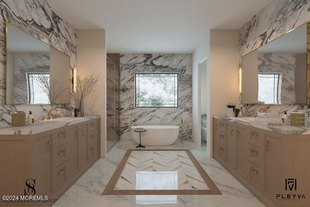 Bathroom, Dual Sink Vanities, Free Standing Baths, Interior, Marble, Marble Walls