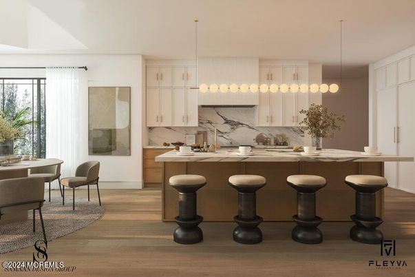 Dining room, Interior, Kitchen, Marble Walls, Pendant Lights, Wood Texture Flooring