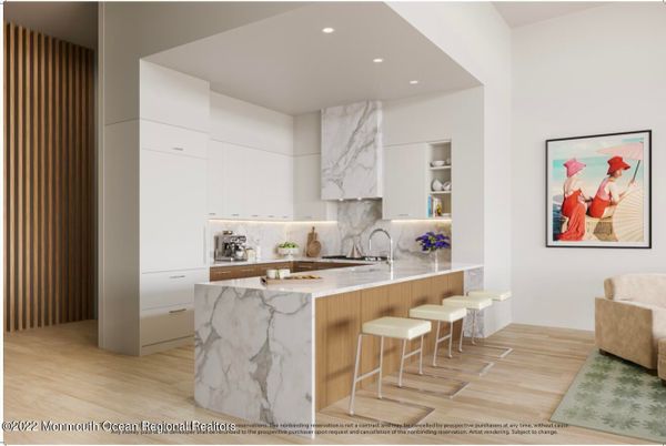 Interior, Kitchen, Marble Walls, Recessed Lighting, Wood Texture Flooring