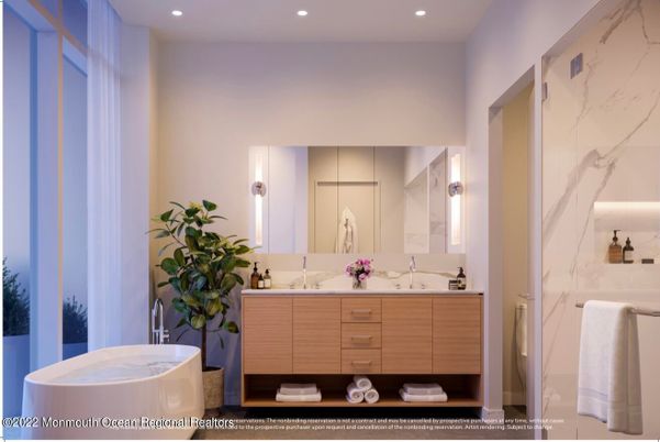 Bathroom, Dual Sink Vanities, Free Standing Baths, Interior, Marble Walls, Recessed Lighting