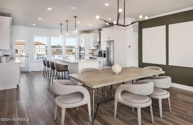 Dining room, Interior, Kitchen, Pendant Lights, Recessed Lighting, Stainless Steel Appliances, Wood Texture Flooring