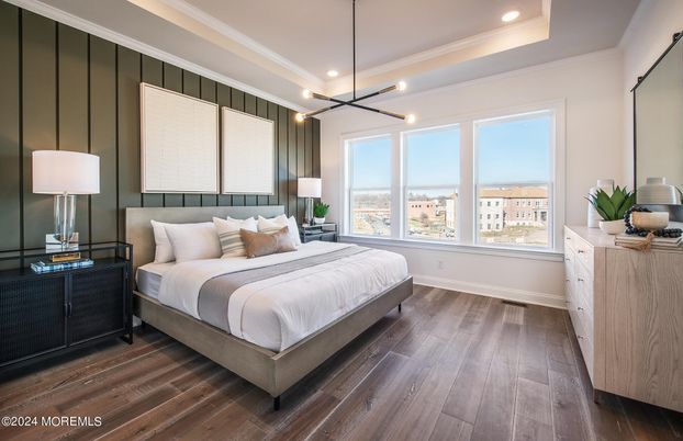 Bedroom, Interior, Pendant Lights, Recessed Lighting, Wood Texture Flooring