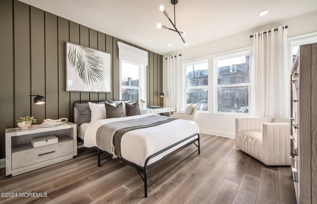 Bedroom, Interior, Pendant Lights, Recessed Lighting, Wood Texture Flooring