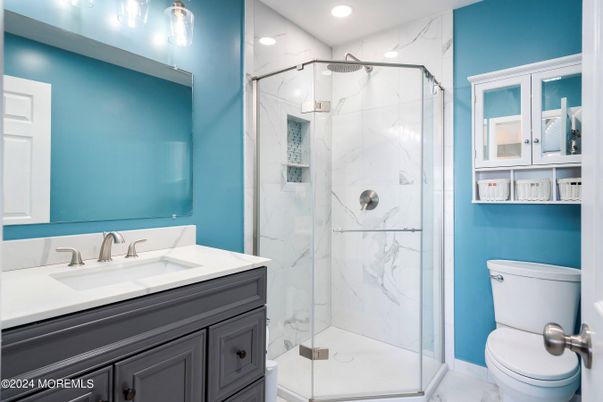 Bathroom, Glass Shower, Interior, Marble Walls, Recessed Lighting