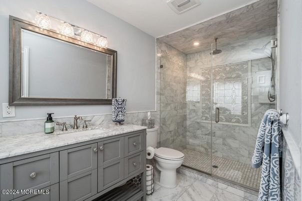 Bathroom, Glass Shower, Interior, Marble, Marble Walls, Recessed Lighting