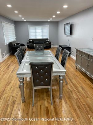Dining room, Interior, Living room, Recessed Lighting, Wood Texture Flooring