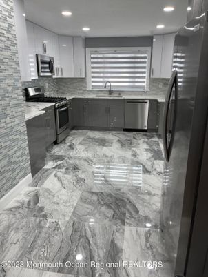 Interior, Kitchen, Marble, Recessed Lighting, Stainless Steel Appliances