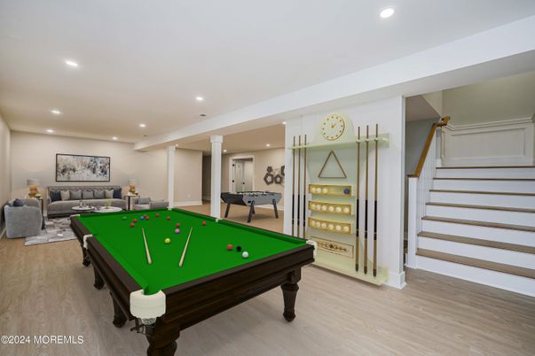Billiard Table, Game Room, Interior, Recessed Lighting, Wood Texture Flooring