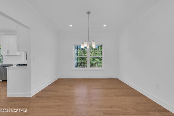 Empty room, Interior, Kitchen, Pendant Lights, Recessed Lighting, Wood Texture Flooring
