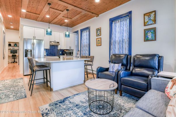 Interior, Kitchen, Living room, Recessed Lighting, Stainless Steel Appliances, Wooden Ceilings, Wood Texture Flooring