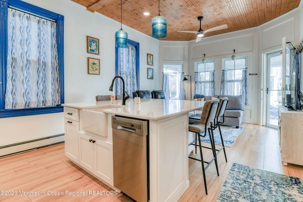 Interior, Kitchen, Pendant Lights, Recessed Lighting, Wooden Ceilings, Wood Texture Flooring