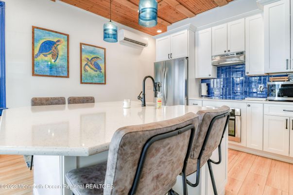Interior, Kitchen, Pendant Lights, Recessed Lighting, Stainless Steel Appliances, Wooden Ceilings, Wood Texture Flooring