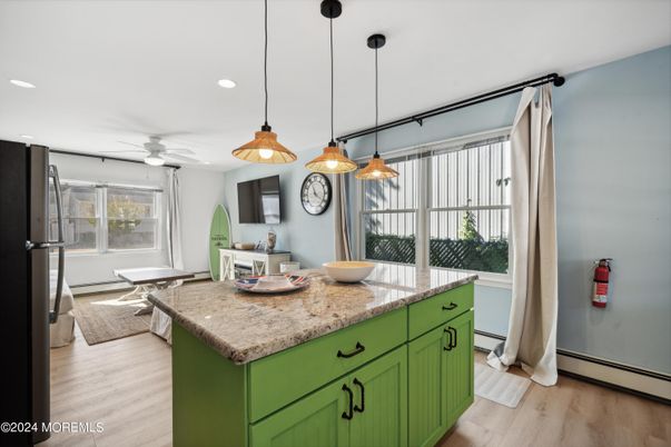 Interior, Kitchen, Pendant Lights, Recessed Lighting, Wood Texture Flooring