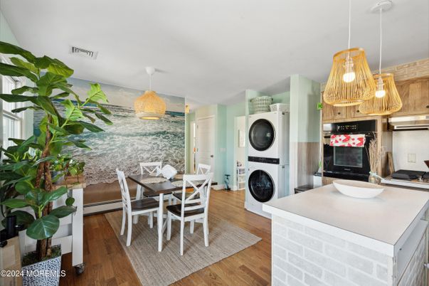 Dining room, Interior, Kitchen, Pendant Lights, Wood Texture Flooring