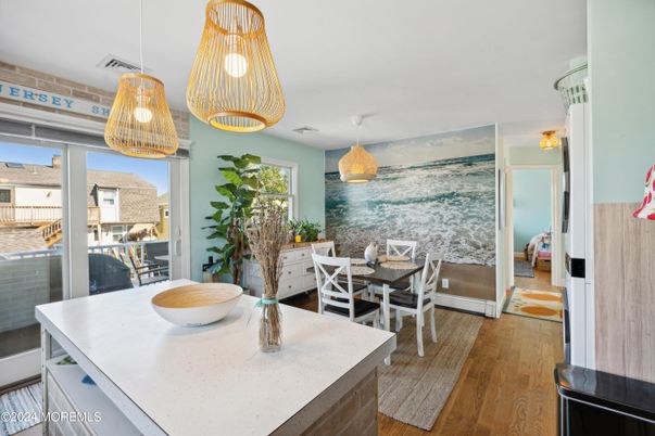 Dining room, Interior, Pendant Lights, Wood Texture Flooring