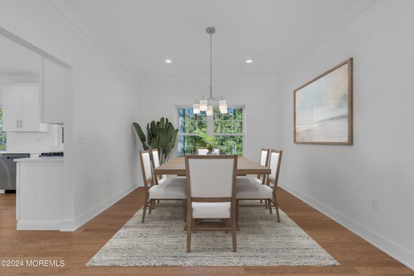 Dining room, Interior, Pendant Lights, Recessed Lighting, Wood Texture Flooring
