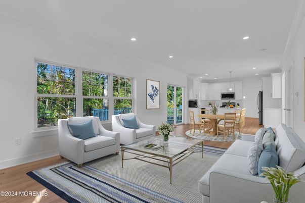 Dining room, Interior, Kitchen, Living room, Recessed Lighting, Stainless Steel Appliances, Wood Texture Flooring