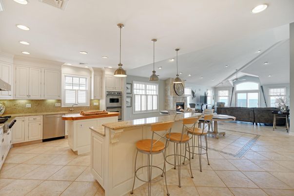 Fireplace, Interior, Kitchen, Pendant Lights, Recessed Lighting, Stainless Steel Appliances