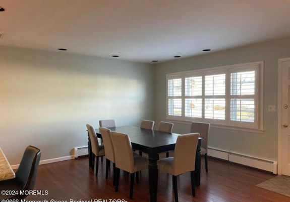 Dining room, Interior, Recessed Lighting, Wood Texture Flooring