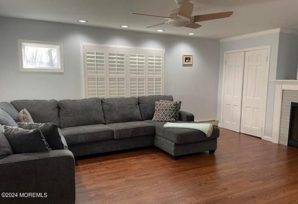 Fireplace, Interior, Living room, Recessed Lighting, Wood Texture Flooring