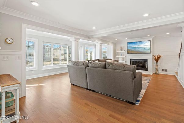 Fireplace, Interior, Living room, Recessed Lighting, Wood Texture Flooring