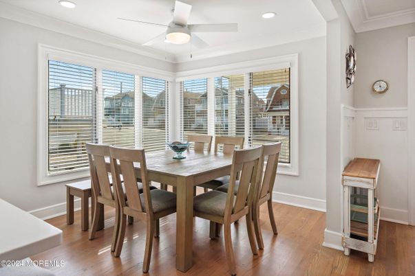 Dining room, Interior, Recessed Lighting, Wood Texture Flooring