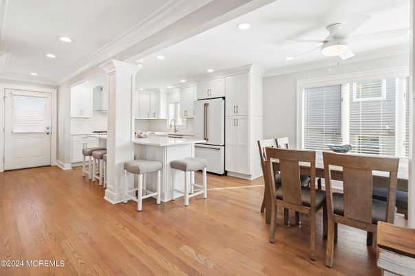 Dining room, Interior, Kitchen, Recessed Lighting, Wood Texture Flooring