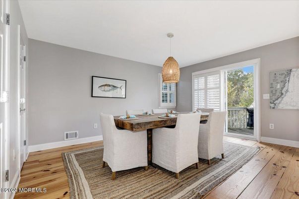 Dining room, Interior, Pendant Lights, Wood Texture Flooring