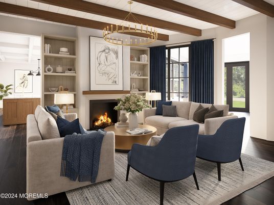 Chandelier, Fireplace, Interior, Living room, Pendant Lights, Wooden Beams, Wood Texture Flooring