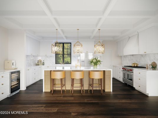 Interior, Kitchen, Marble Walls, Pendant Lights, Wood Texture Flooring
