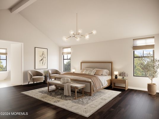 Bedroom, Interior, Pendant Lights, Wood Texture Flooring