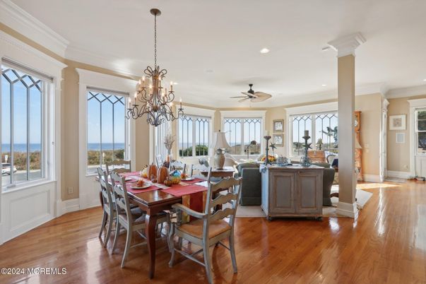 Chandelier, Dining room, Interior, Recessed Lighting, Wood Texture Flooring