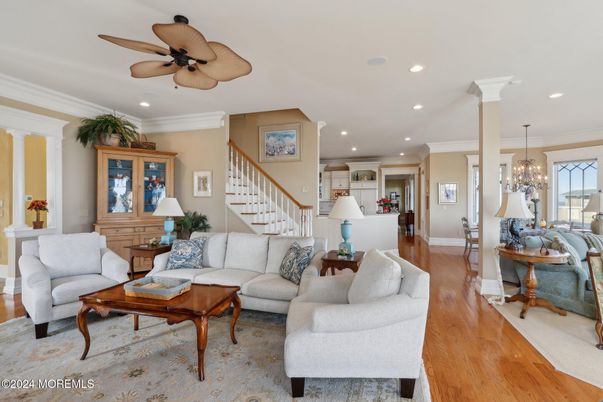Chandelier, Interior, Living room, Recessed Lighting, Wood Texture Flooring